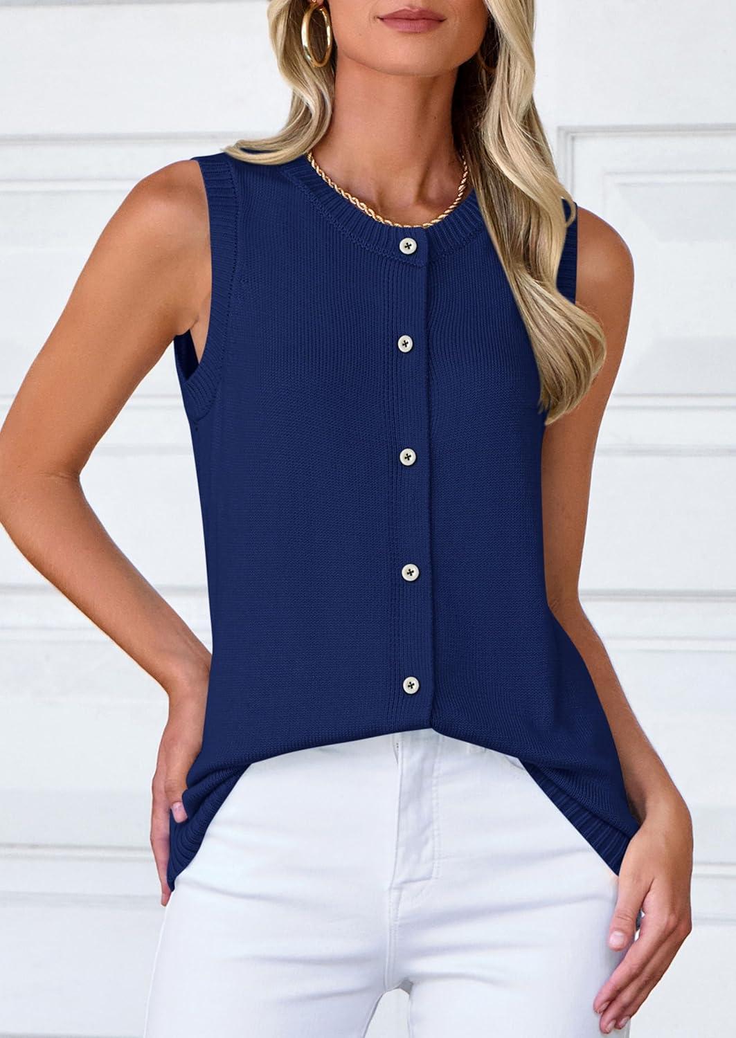 imagePRETTYGARDEN Sweater Vest Women 2025 Spring Summer Casual Lightweight Knit Sleeveless Button Down Tank Tops Trendy ClothesDark Blue