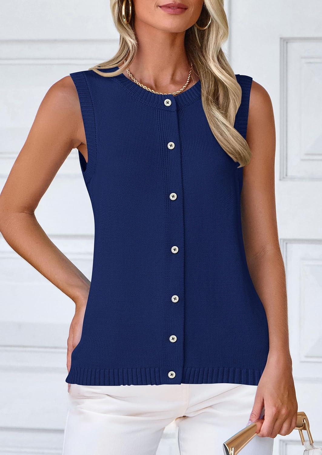 imagePRETTYGARDEN Sweater Vest Women 2025 Spring Summer Casual Lightweight Knit Sleeveless Button Down Tank Tops Trendy ClothesDark Blue