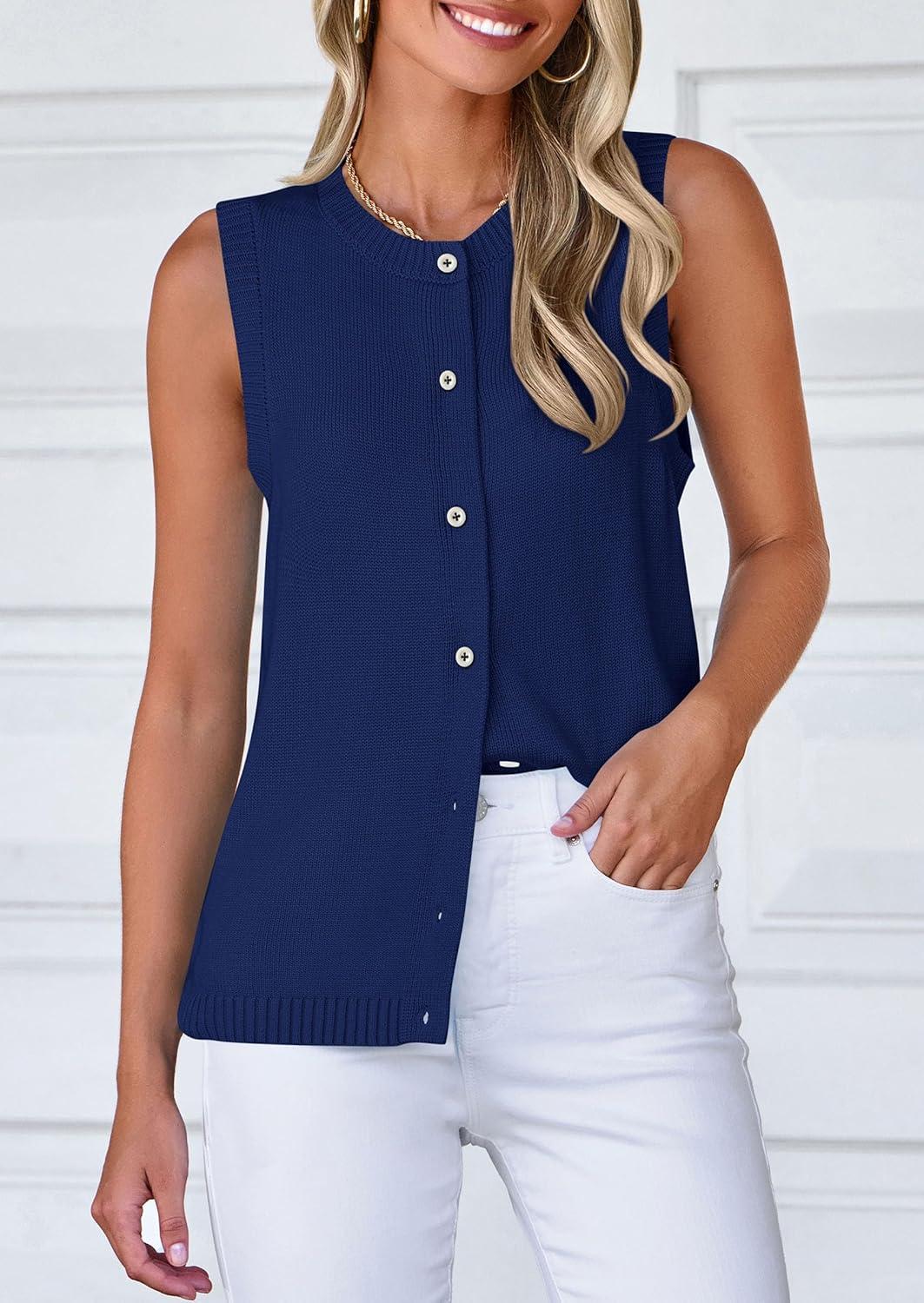 imagePRETTYGARDEN Sweater Vest Women 2025 Spring Summer Casual Lightweight Knit Sleeveless Button Down Tank Tops Trendy ClothesDark Blue