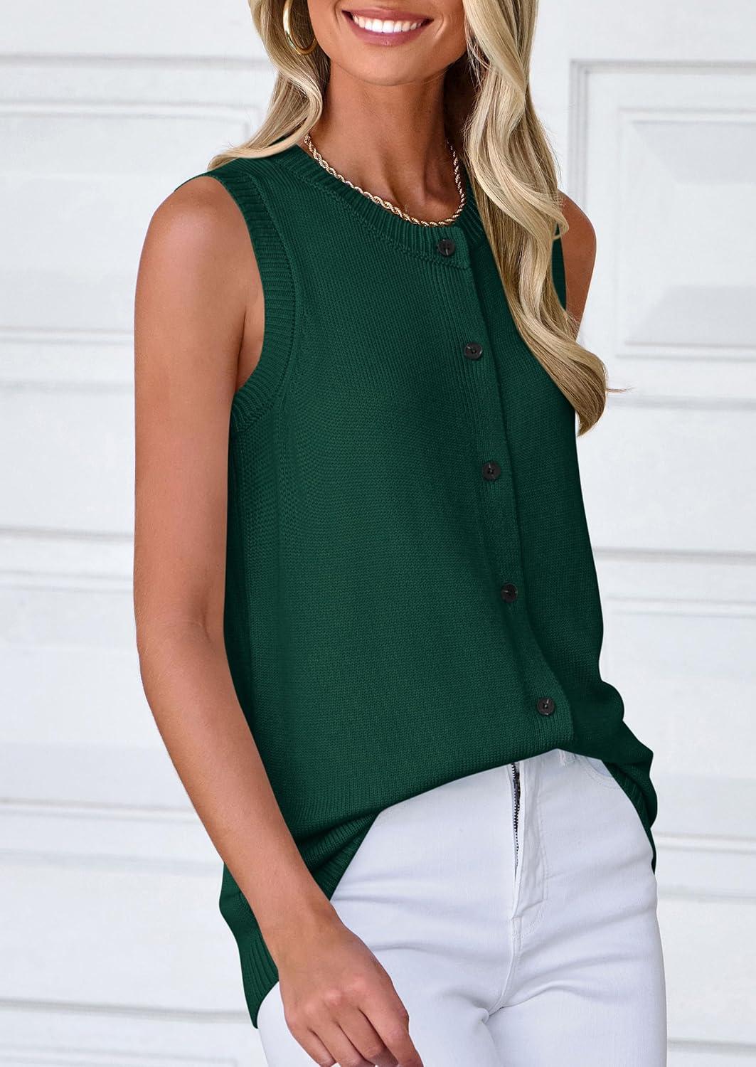 imagePRETTYGARDEN Sweater Vest Women 2025 Spring Summer Casual Lightweight Knit Sleeveless Button Down Tank Tops Trendy ClothesDark Green