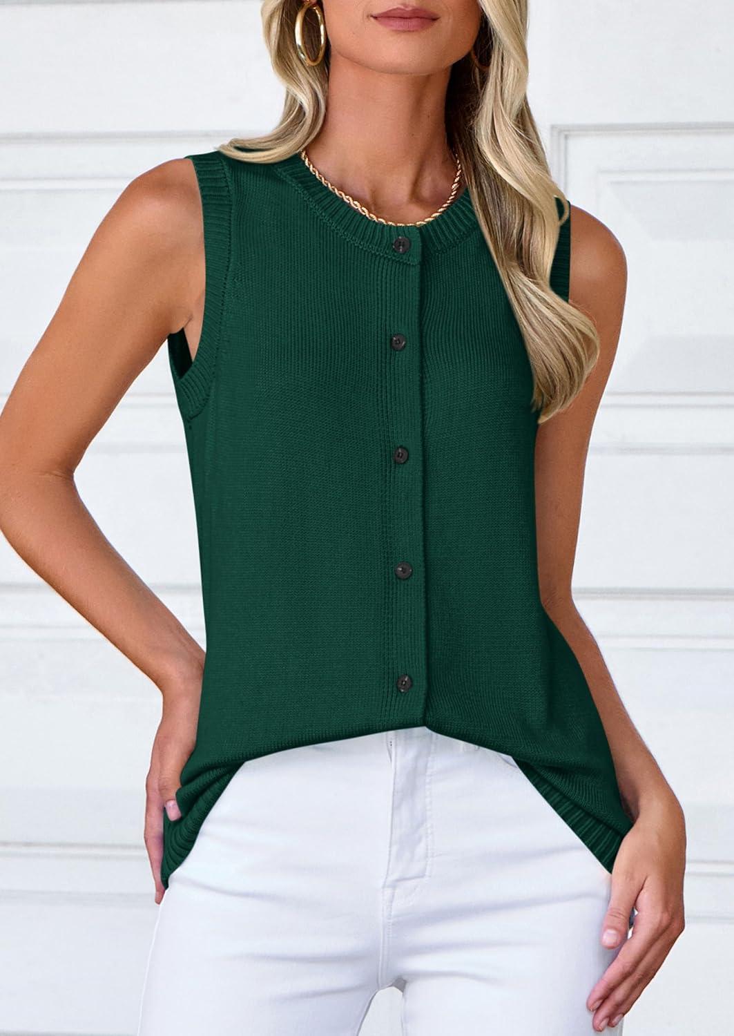 imagePRETTYGARDEN Sweater Vest Women 2025 Spring Summer Casual Lightweight Knit Sleeveless Button Down Tank Tops Trendy ClothesDark Green