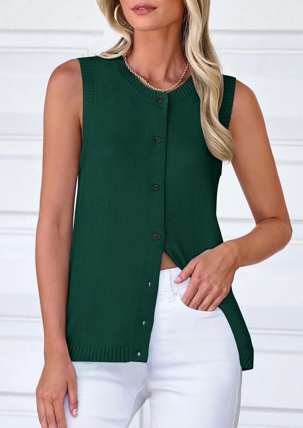 imagePRETTYGARDEN Sweater Vest Women 2025 Spring Summer Casual Lightweight Knit Sleeveless Button Down Tank Tops Trendy ClothesDark Green
