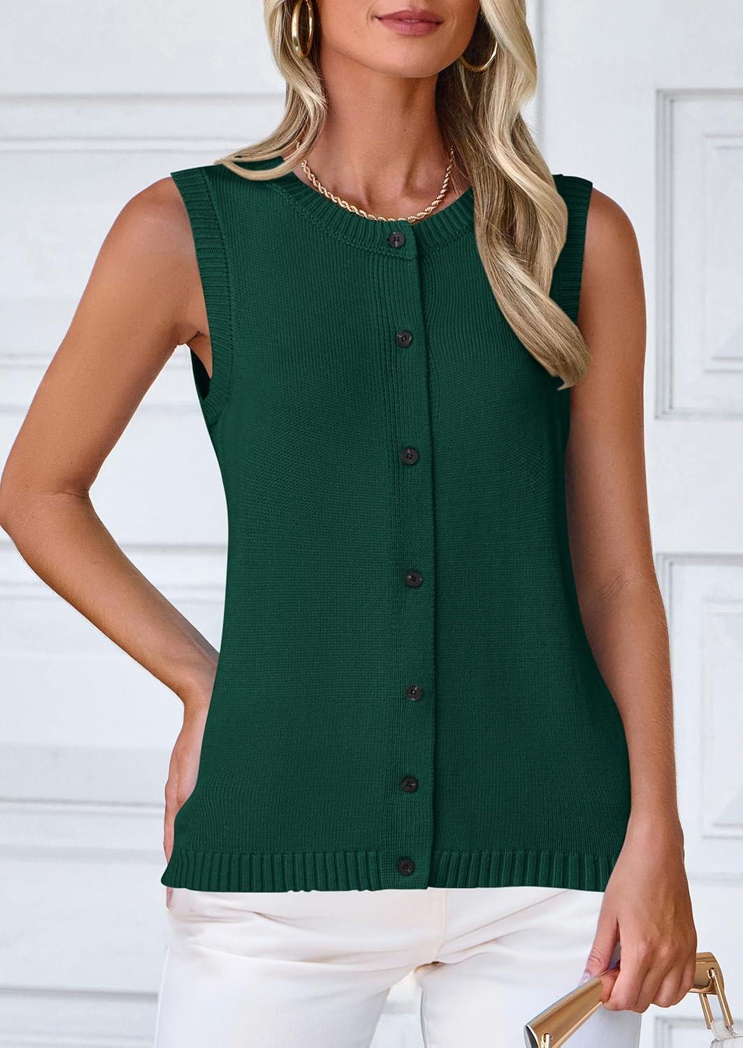 imagePRETTYGARDEN Sweater Vest Women 2025 Spring Summer Casual Lightweight Knit Sleeveless Button Down Tank Tops Trendy ClothesDark Green