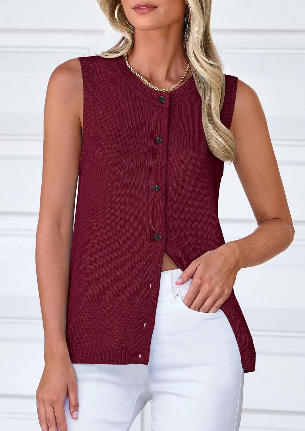 imagePRETTYGARDEN Sweater Vest Women 2025 Spring Summer Casual Lightweight Knit Sleeveless Button Down Tank Tops Trendy ClothesDark Wine Red