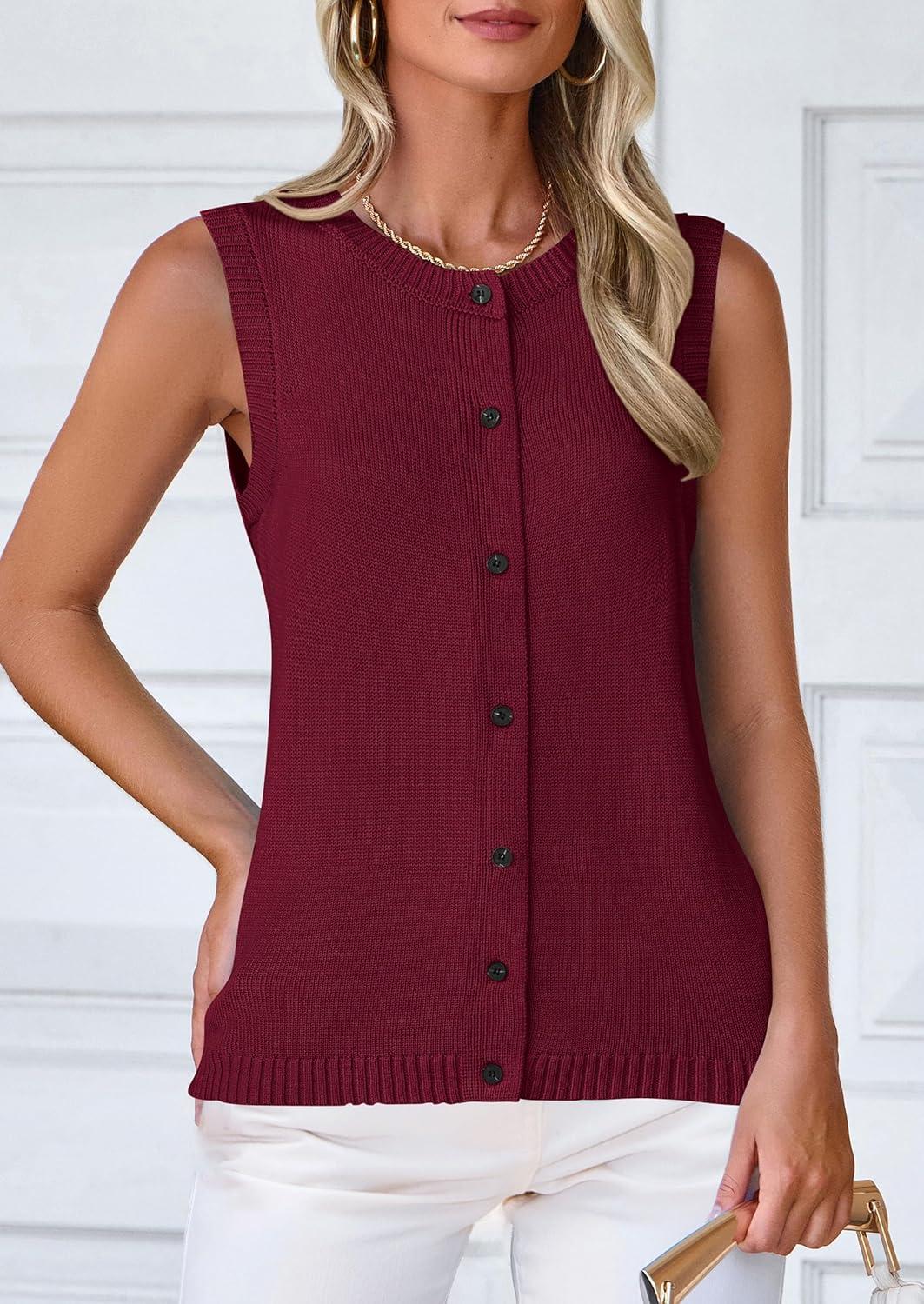 imagePRETTYGARDEN Sweater Vest Women 2025 Spring Summer Casual Lightweight Knit Sleeveless Button Down Tank Tops Trendy ClothesDark Wine Red