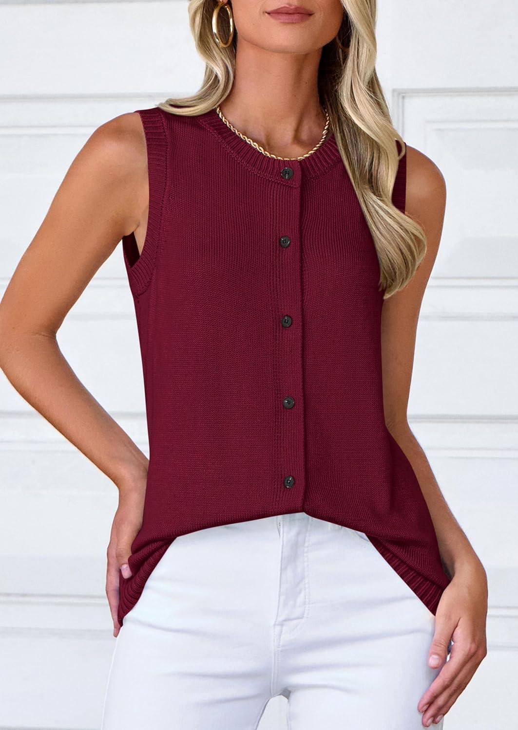 imagePRETTYGARDEN Sweater Vest Women 2025 Spring Summer Casual Lightweight Knit Sleeveless Button Down Tank Tops Trendy ClothesDark Wine Red