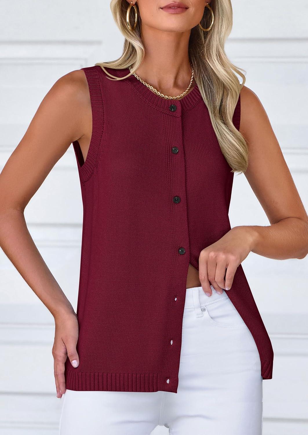 imagePRETTYGARDEN Sweater Vest Women 2025 Spring Summer Casual Lightweight Knit Sleeveless Button Down Tank Tops Trendy ClothesDark Wine Red