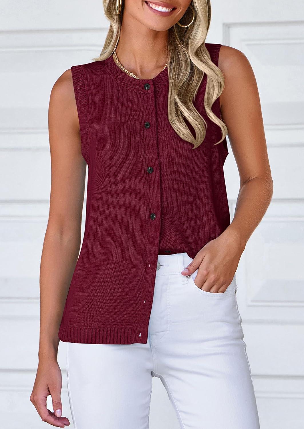 imagePRETTYGARDEN Sweater Vest Women 2025 Spring Summer Casual Lightweight Knit Sleeveless Button Down Tank Tops Trendy ClothesDark Wine Red