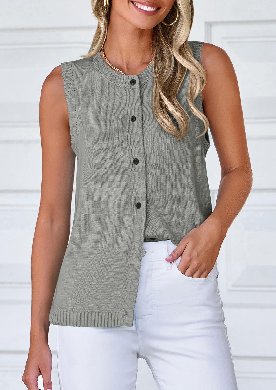 imagePRETTYGARDEN Sweater Vest Women 2025 Spring Summer Casual Lightweight Knit Sleeveless Button Down Tank Tops Trendy ClothesGrey