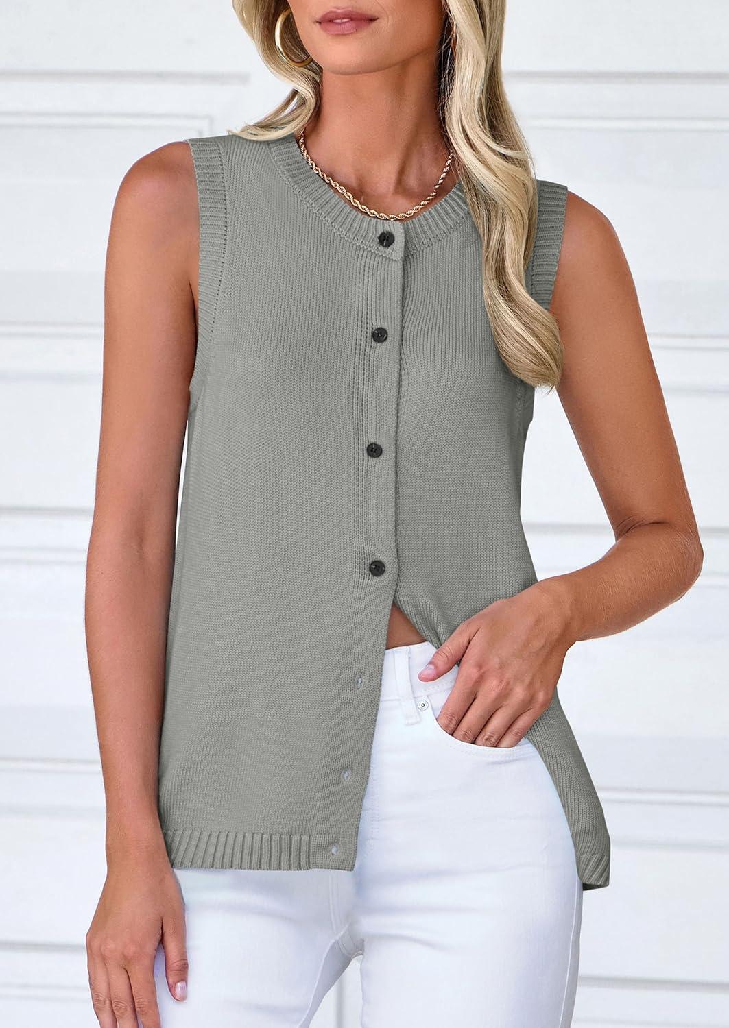 imagePRETTYGARDEN Sweater Vest Women 2025 Spring Summer Casual Lightweight Knit Sleeveless Button Down Tank Tops Trendy ClothesGrey