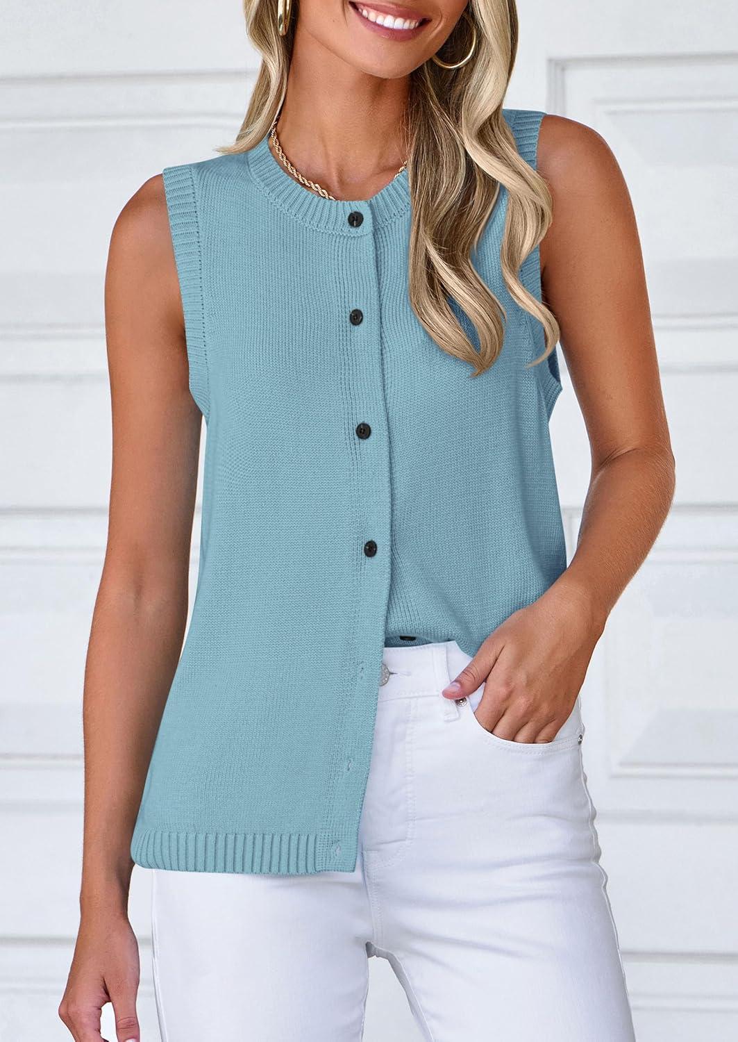 imagePRETTYGARDEN Sweater Vest Women 2025 Spring Summer Casual Lightweight Knit Sleeveless Button Down Tank Tops Trendy ClothesLight Blue
