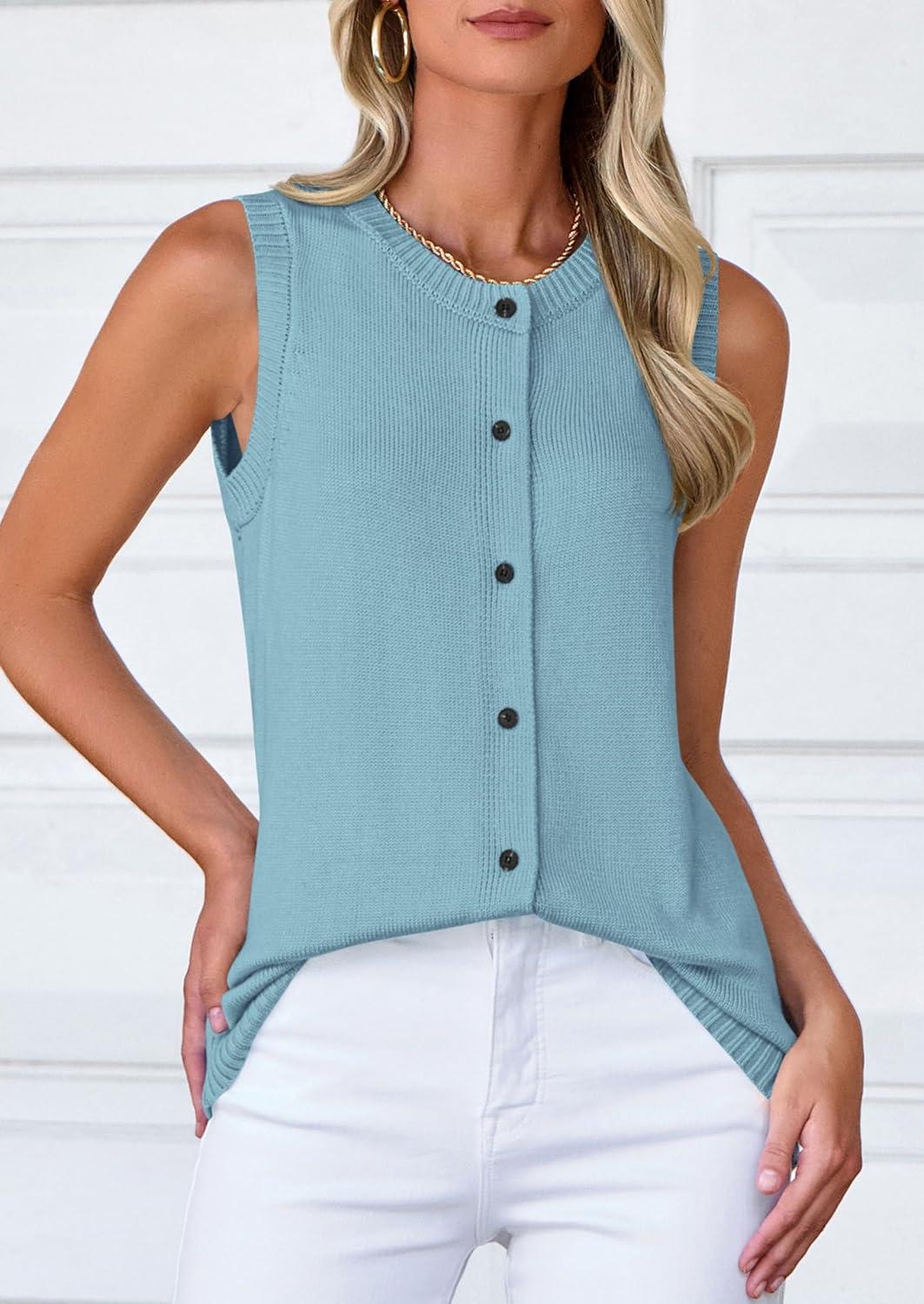 imagePRETTYGARDEN Sweater Vest Women 2025 Spring Summer Casual Lightweight Knit Sleeveless Button Down Tank Tops Trendy ClothesLight Blue