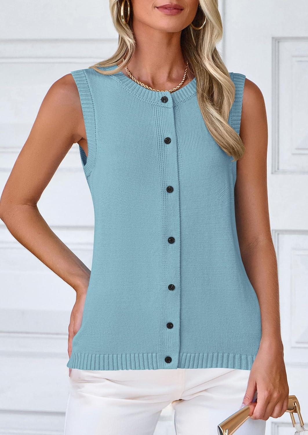 imagePRETTYGARDEN Sweater Vest Women 2025 Spring Summer Casual Lightweight Knit Sleeveless Button Down Tank Tops Trendy ClothesLight Blue