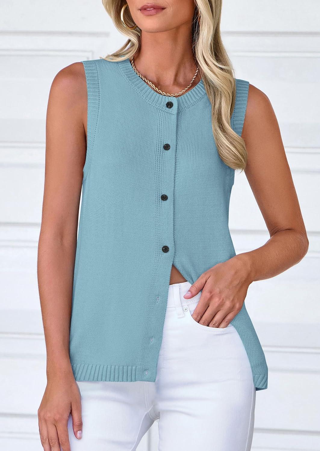 imagePRETTYGARDEN Sweater Vest Women 2025 Spring Summer Casual Lightweight Knit Sleeveless Button Down Tank Tops Trendy ClothesLight Blue