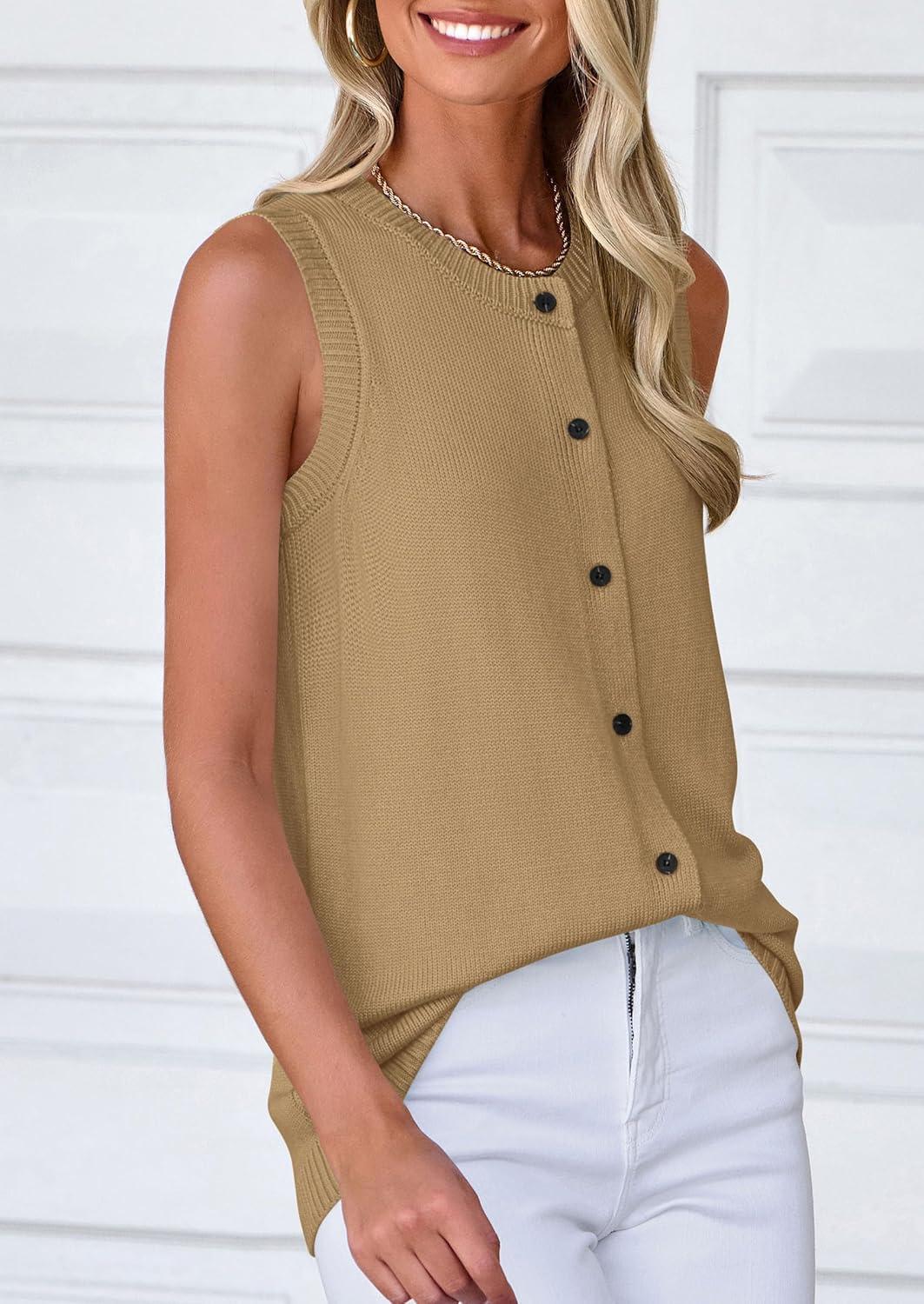 imagePRETTYGARDEN Sweater Vest Women 2025 Spring Summer Casual Lightweight Knit Sleeveless Button Down Tank Tops Trendy ClothesLight Khaki