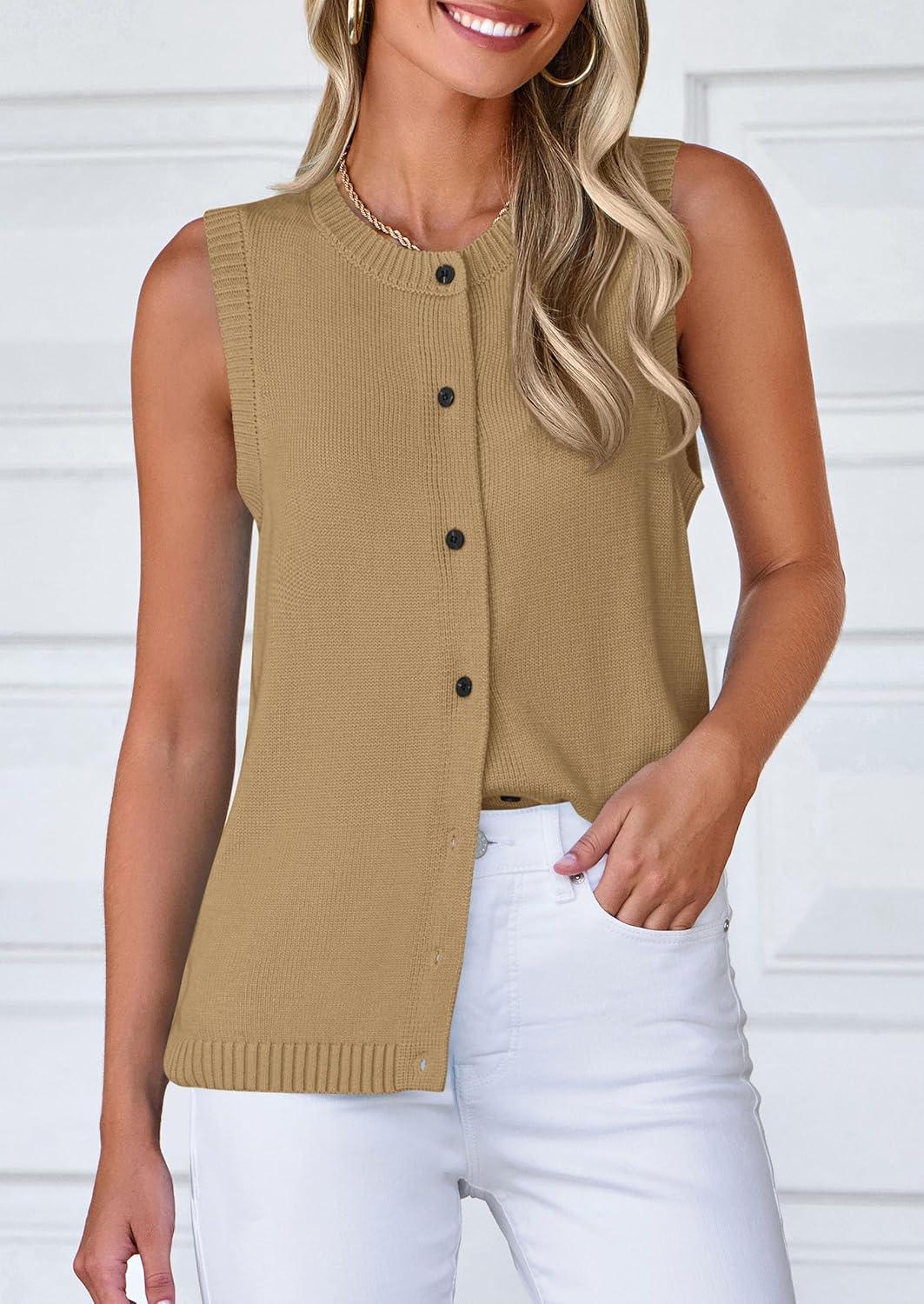 imagePRETTYGARDEN Sweater Vest Women 2025 Spring Summer Casual Lightweight Knit Sleeveless Button Down Tank Tops Trendy ClothesLight Khaki