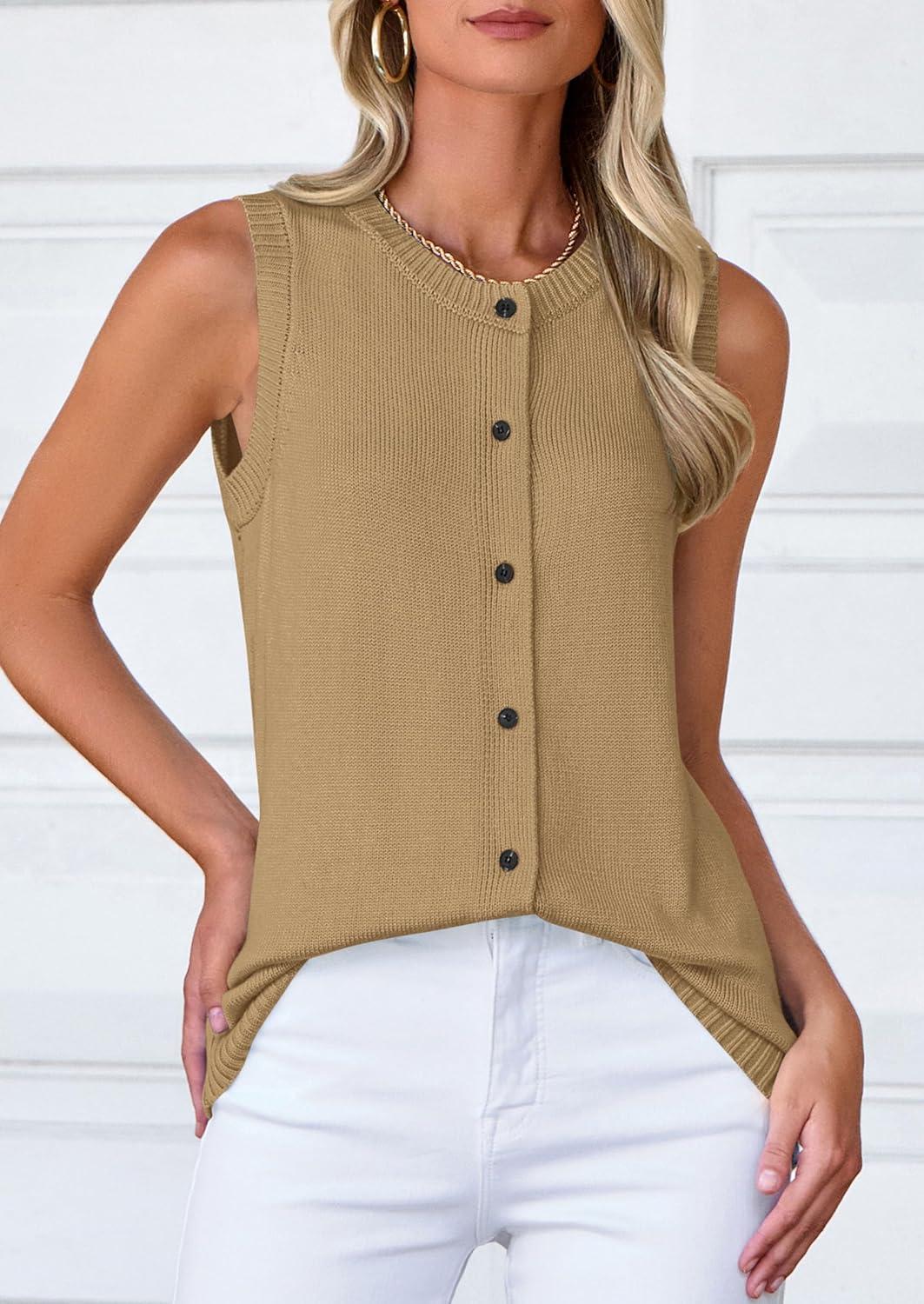 imagePRETTYGARDEN Sweater Vest Women 2025 Spring Summer Casual Lightweight Knit Sleeveless Button Down Tank Tops Trendy ClothesLight Khaki