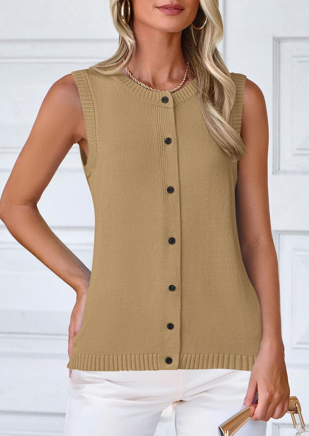 imagePRETTYGARDEN Sweater Vest Women 2025 Spring Summer Casual Lightweight Knit Sleeveless Button Down Tank Tops Trendy ClothesLight Khaki