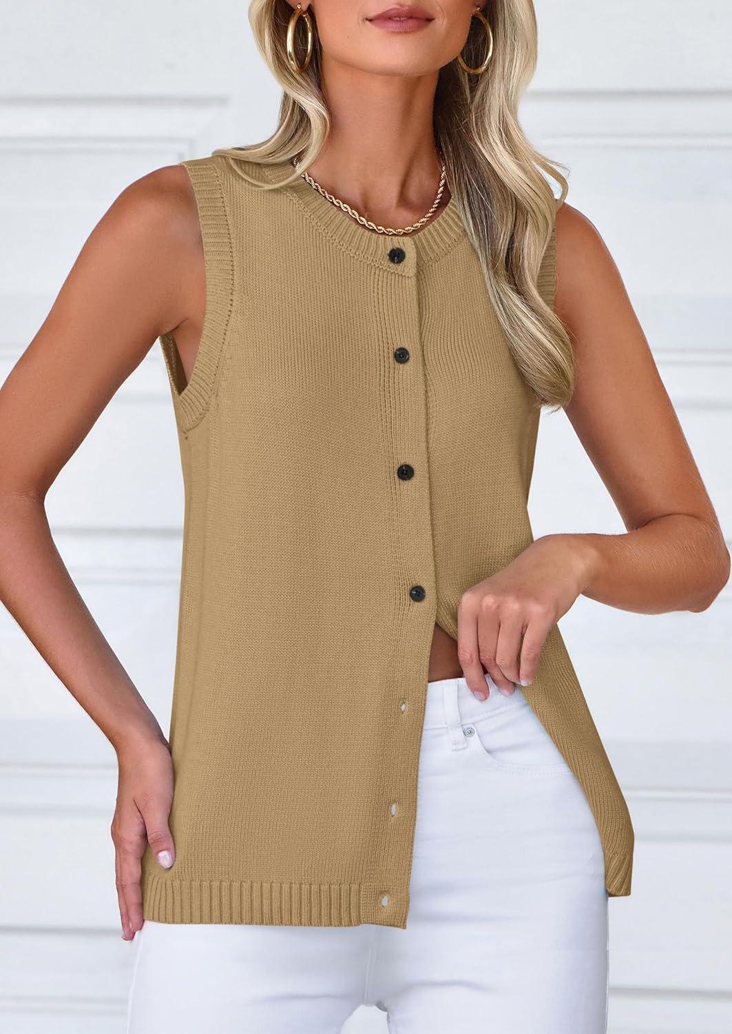 imagePRETTYGARDEN Sweater Vest Women 2025 Spring Summer Casual Lightweight Knit Sleeveless Button Down Tank Tops Trendy ClothesLight Khaki