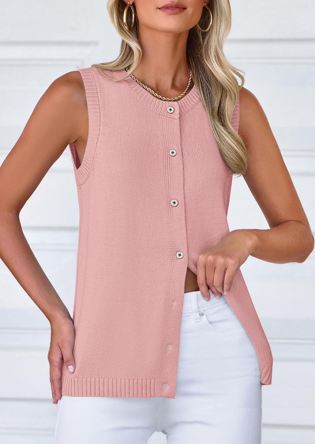 imagePRETTYGARDEN Sweater Vest Women 2025 Spring Summer Casual Lightweight Knit Sleeveless Button Down Tank Tops Trendy ClothesPink