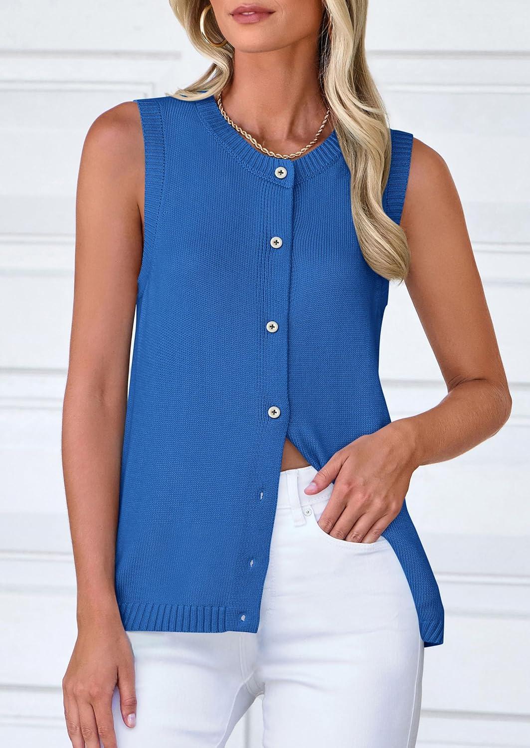 imagePRETTYGARDEN Sweater Vest Women 2025 Spring Summer Casual Lightweight Knit Sleeveless Button Down Tank Tops Trendy ClothesSky Blue