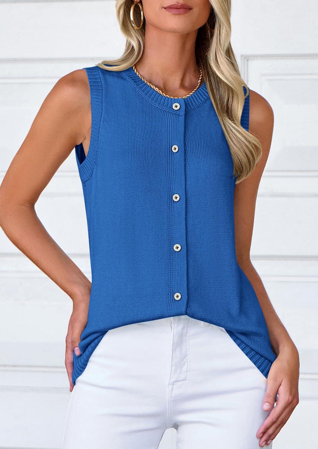 imagePRETTYGARDEN Sweater Vest Women 2025 Spring Summer Casual Lightweight Knit Sleeveless Button Down Tank Tops Trendy ClothesSky Blue
