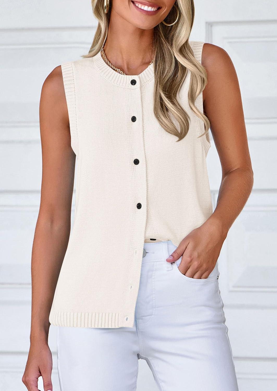 imagePRETTYGARDEN Sweater Vest Women 2025 Spring Summer Casual Lightweight Knit Sleeveless Button Down Tank Tops Trendy ClothesWhite