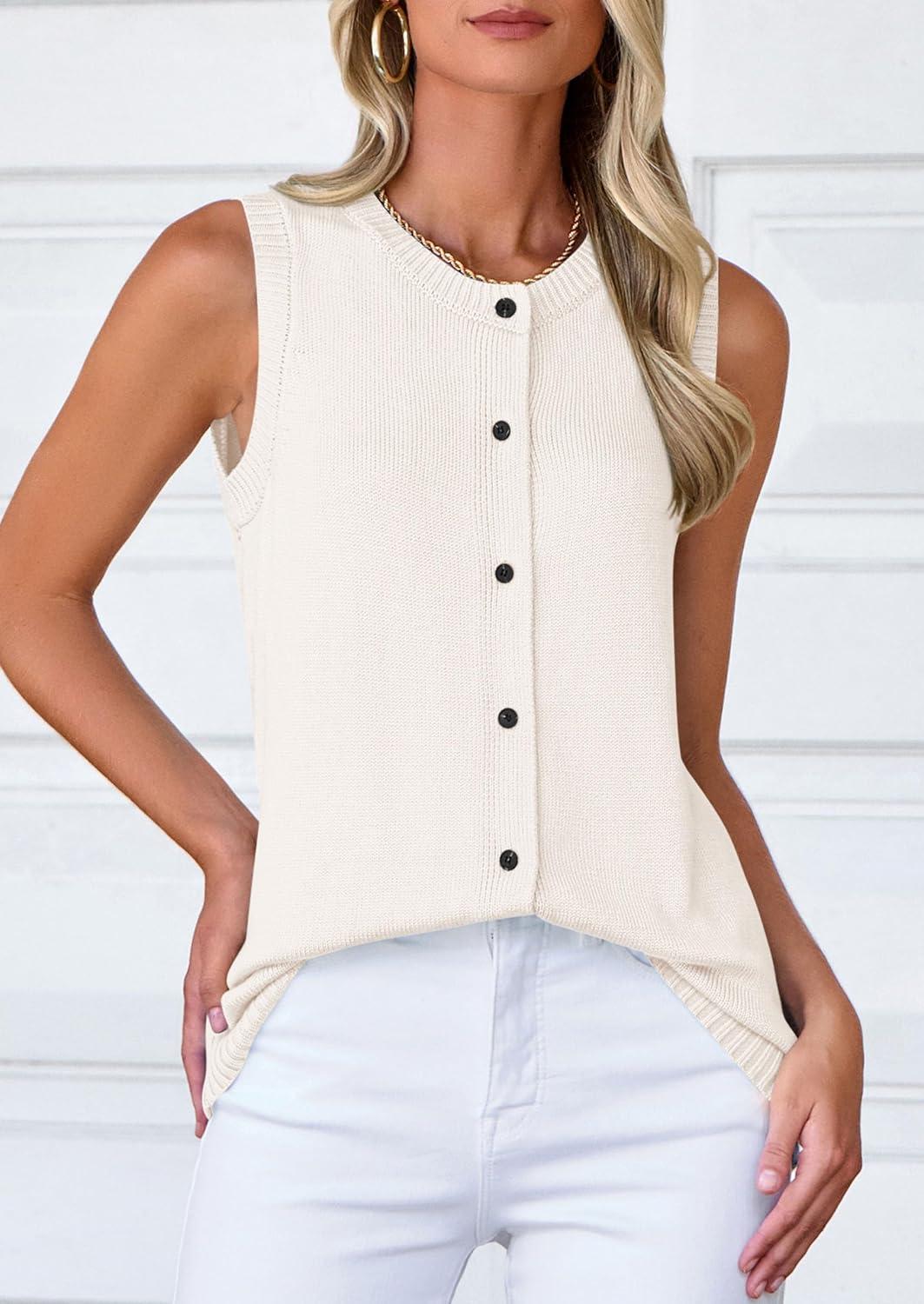 imagePRETTYGARDEN Sweater Vest Women 2025 Spring Summer Casual Lightweight Knit Sleeveless Button Down Tank Tops Trendy ClothesWhite