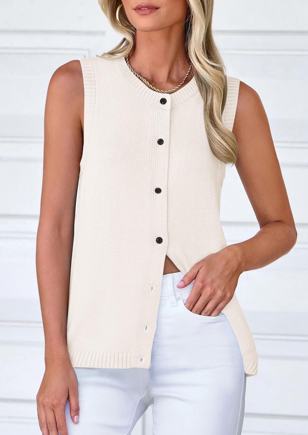 imagePRETTYGARDEN Sweater Vest Women 2025 Spring Summer Casual Lightweight Knit Sleeveless Button Down Tank Tops Trendy ClothesWhite
