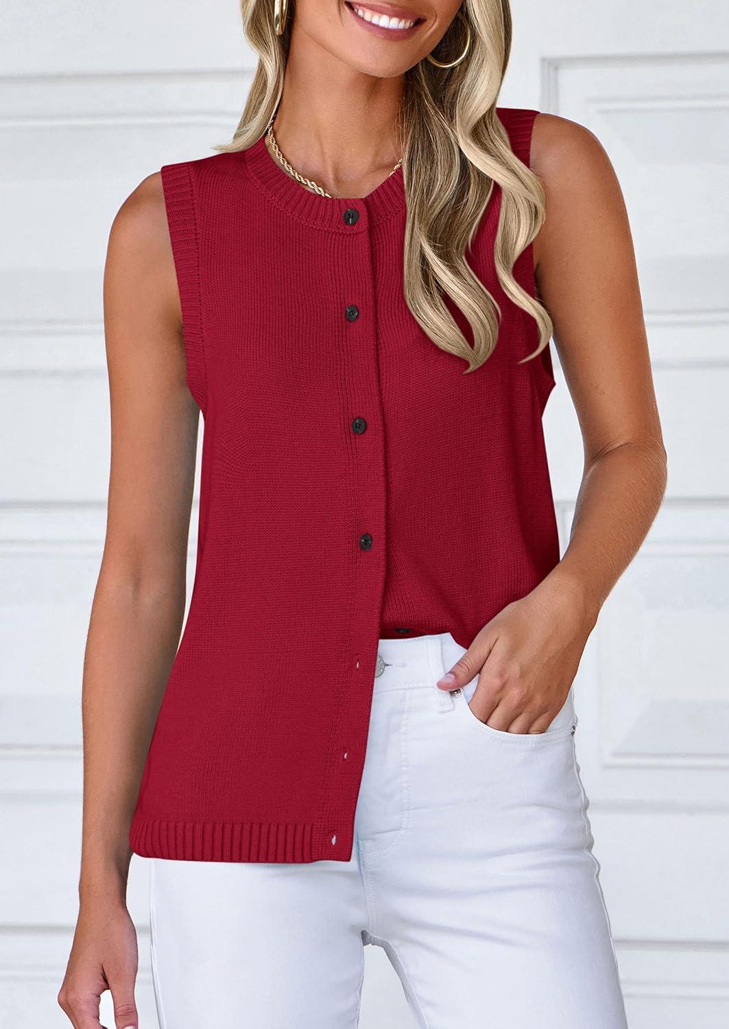 imagePRETTYGARDEN Sweater Vest Women 2025 Spring Summer Casual Lightweight Knit Sleeveless Button Down Tank Tops Trendy ClothesWine Red