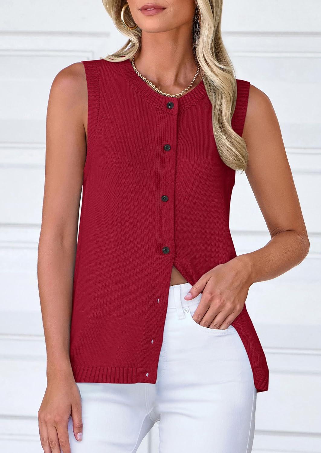 imagePRETTYGARDEN Sweater Vest Women 2025 Spring Summer Casual Lightweight Knit Sleeveless Button Down Tank Tops Trendy ClothesWine Red