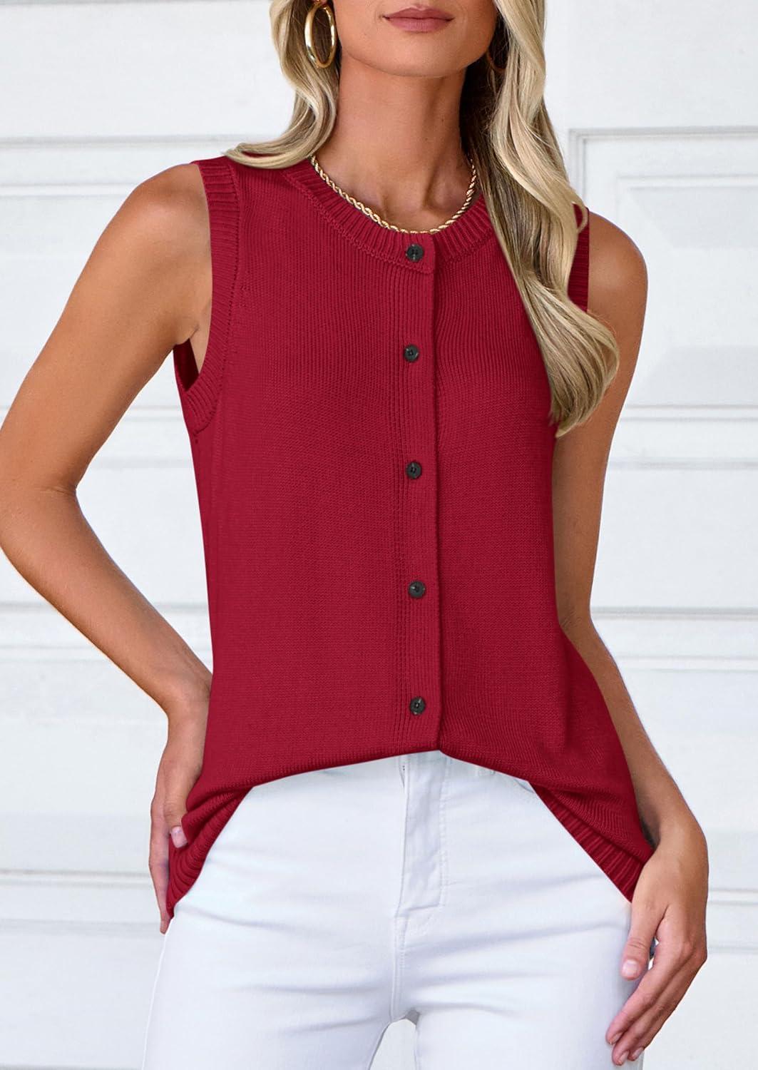 imagePRETTYGARDEN Sweater Vest Women 2025 Spring Summer Casual Lightweight Knit Sleeveless Button Down Tank Tops Trendy ClothesWine Red