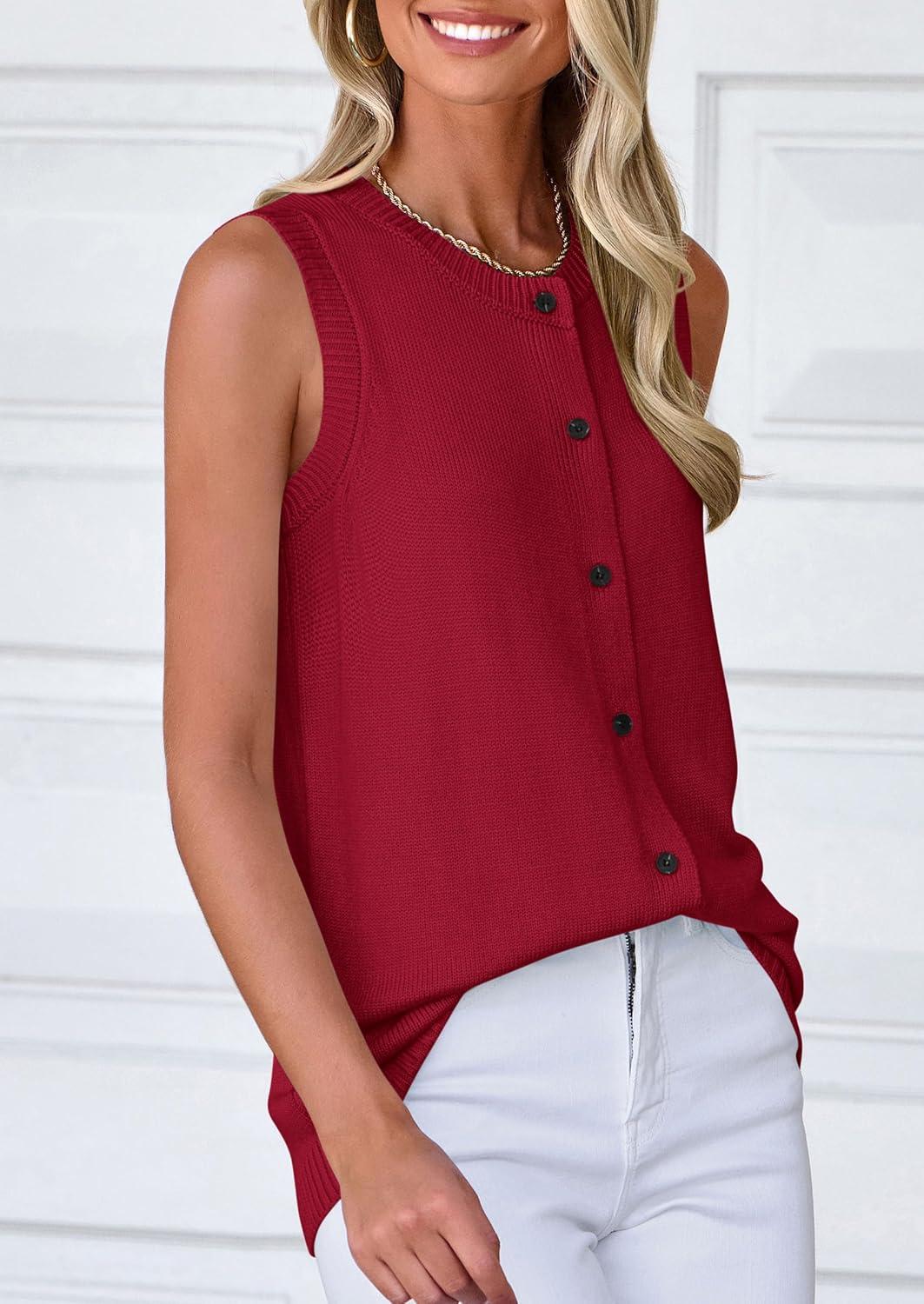 imagePRETTYGARDEN Sweater Vest Women 2025 Spring Summer Casual Lightweight Knit Sleeveless Button Down Tank Tops Trendy ClothesWine Red