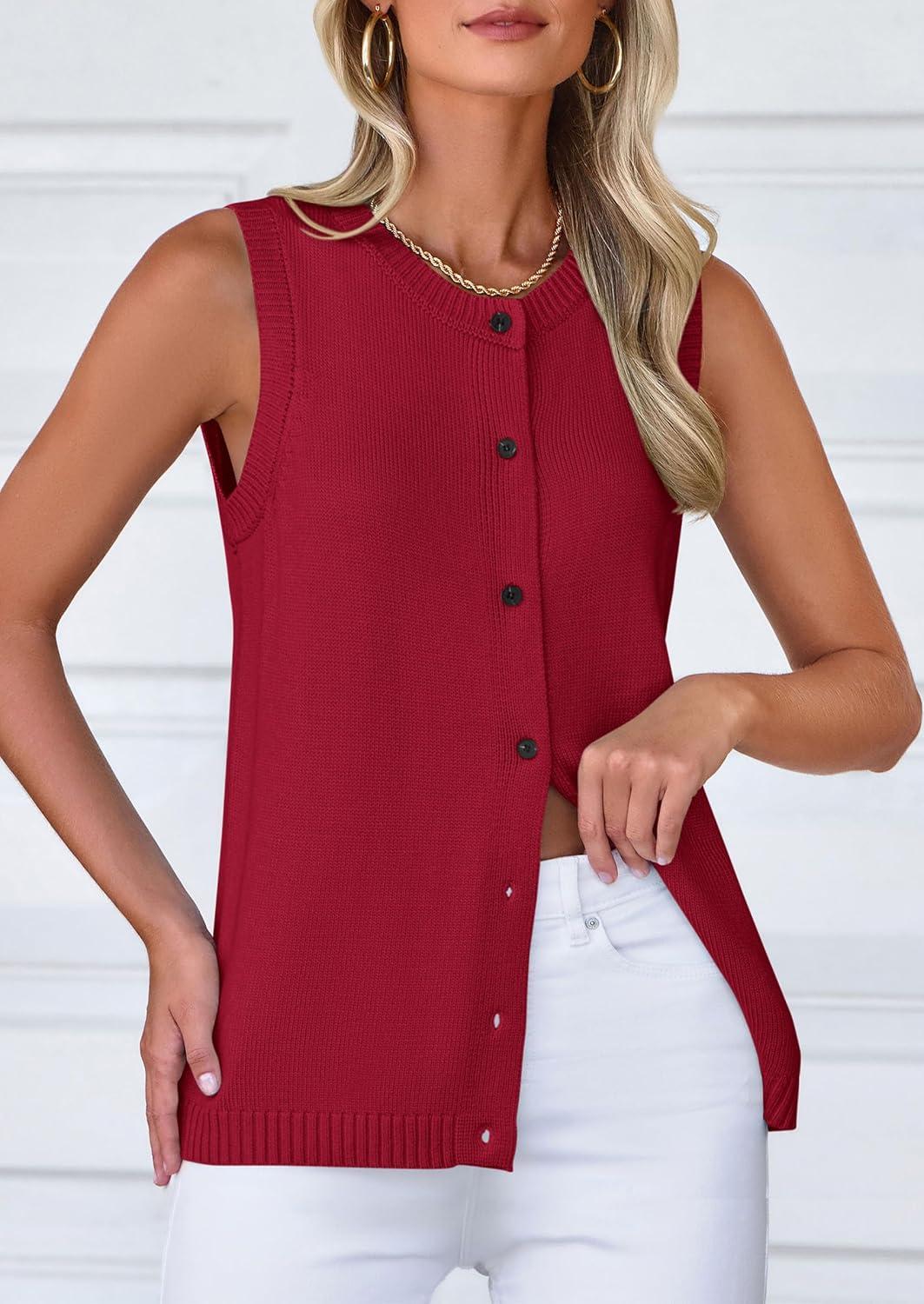 imagePRETTYGARDEN Sweater Vest Women 2025 Spring Summer Casual Lightweight Knit Sleeveless Button Down Tank Tops Trendy ClothesWine Red