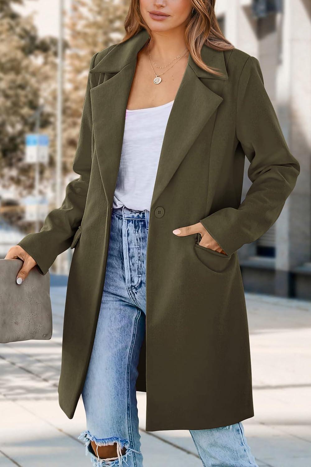 imagePRETTYGARDEN Womens 2025 Spring Fall Long Blazer Jackets Long Sleeve Lapel Pockets Loose Fit Work Casual Blazers OuterwearArmy Green