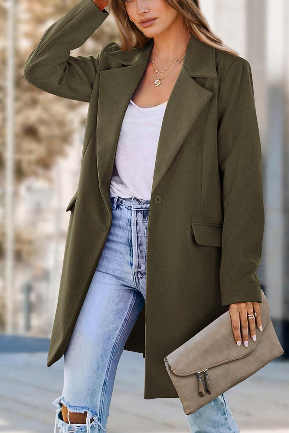 imagePRETTYGARDEN Womens 2025 Spring Fall Long Blazer Jackets Long Sleeve Lapel Pockets Loose Fit Work Casual Blazers OuterwearArmy Green
