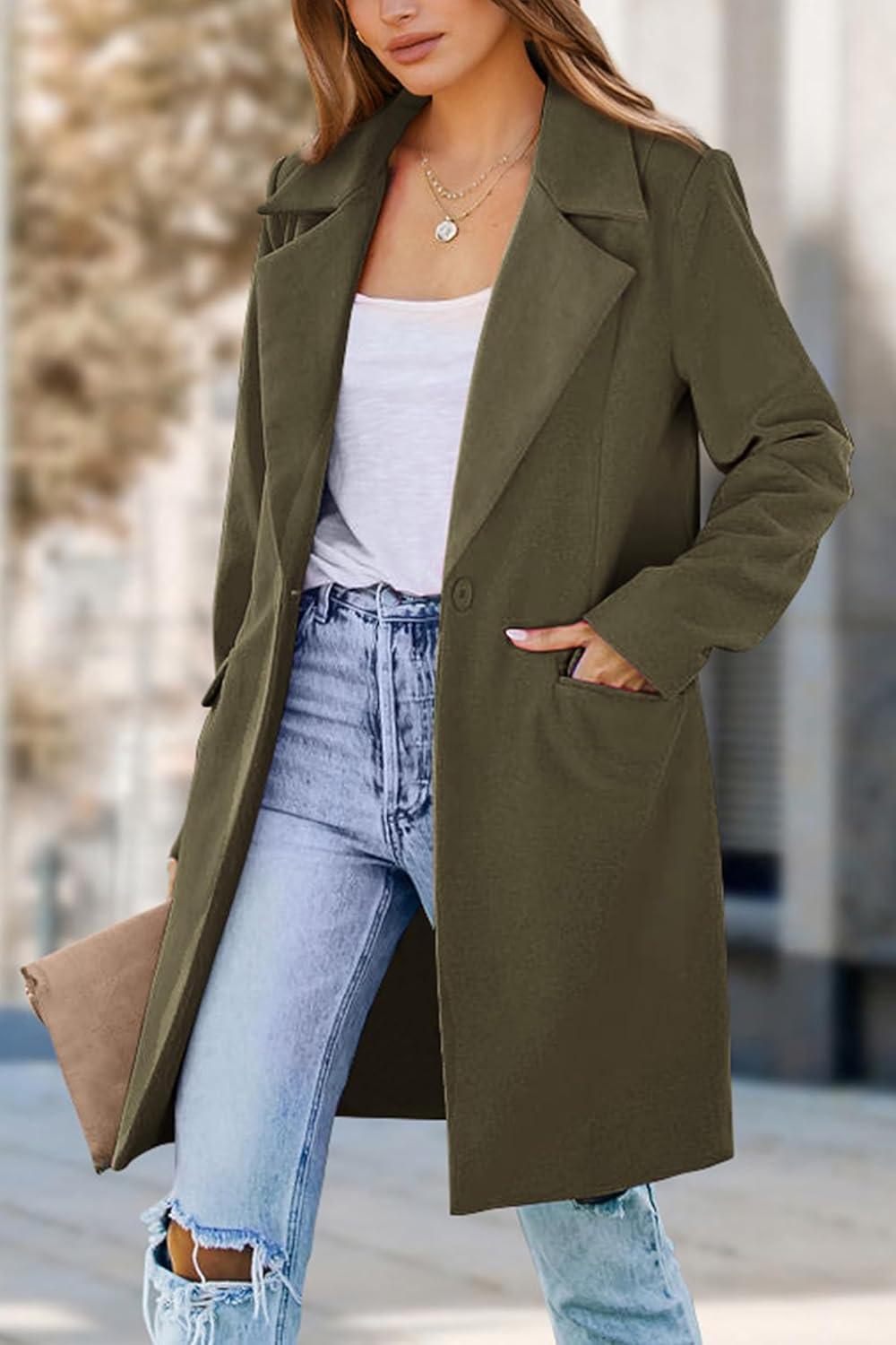 imagePRETTYGARDEN Womens 2025 Spring Fall Long Blazer Jackets Long Sleeve Lapel Pockets Loose Fit Work Casual Blazers OuterwearArmy Green