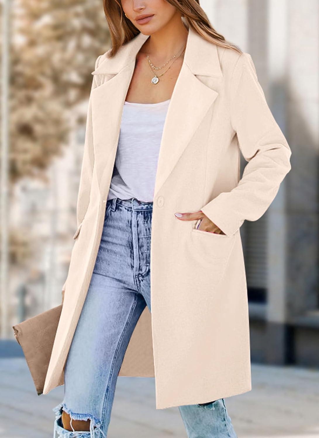 imagePRETTYGARDEN Womens 2025 Spring Fall Long Blazer Jackets Long Sleeve Lapel Pockets Loose Fit Work Casual Blazers OuterwearBeige