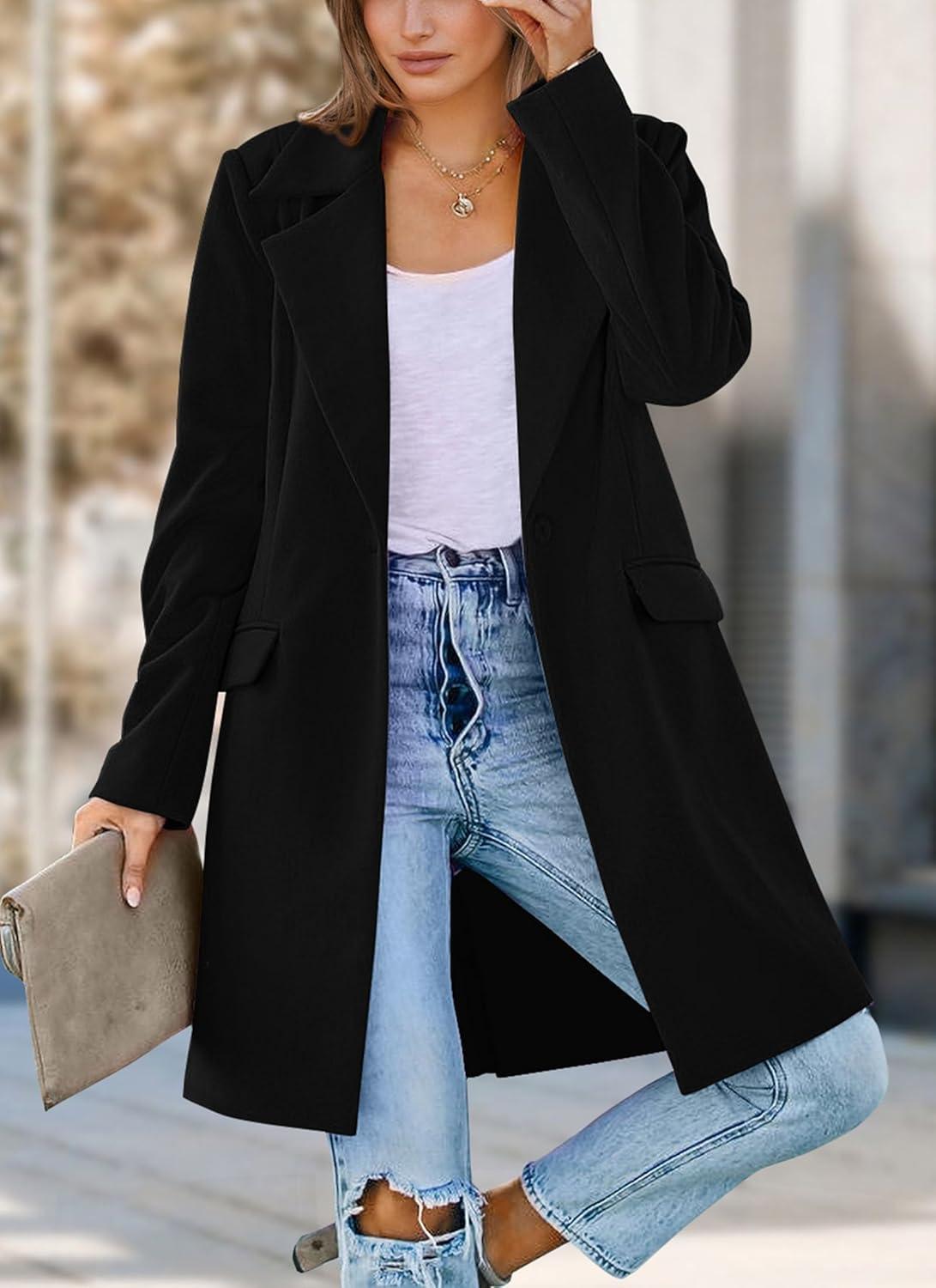 imagePRETTYGARDEN Womens 2025 Spring Fall Long Blazer Jackets Long Sleeve Lapel Pockets Loose Fit Work Casual Blazers OuterwearBlack