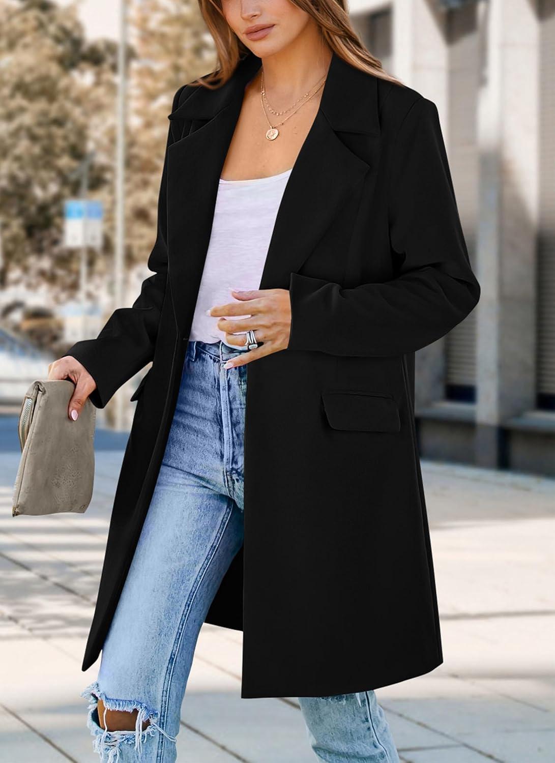 imagePRETTYGARDEN Womens 2025 Spring Fall Long Blazer Jackets Long Sleeve Lapel Pockets Loose Fit Work Casual Blazers OuterwearBlack