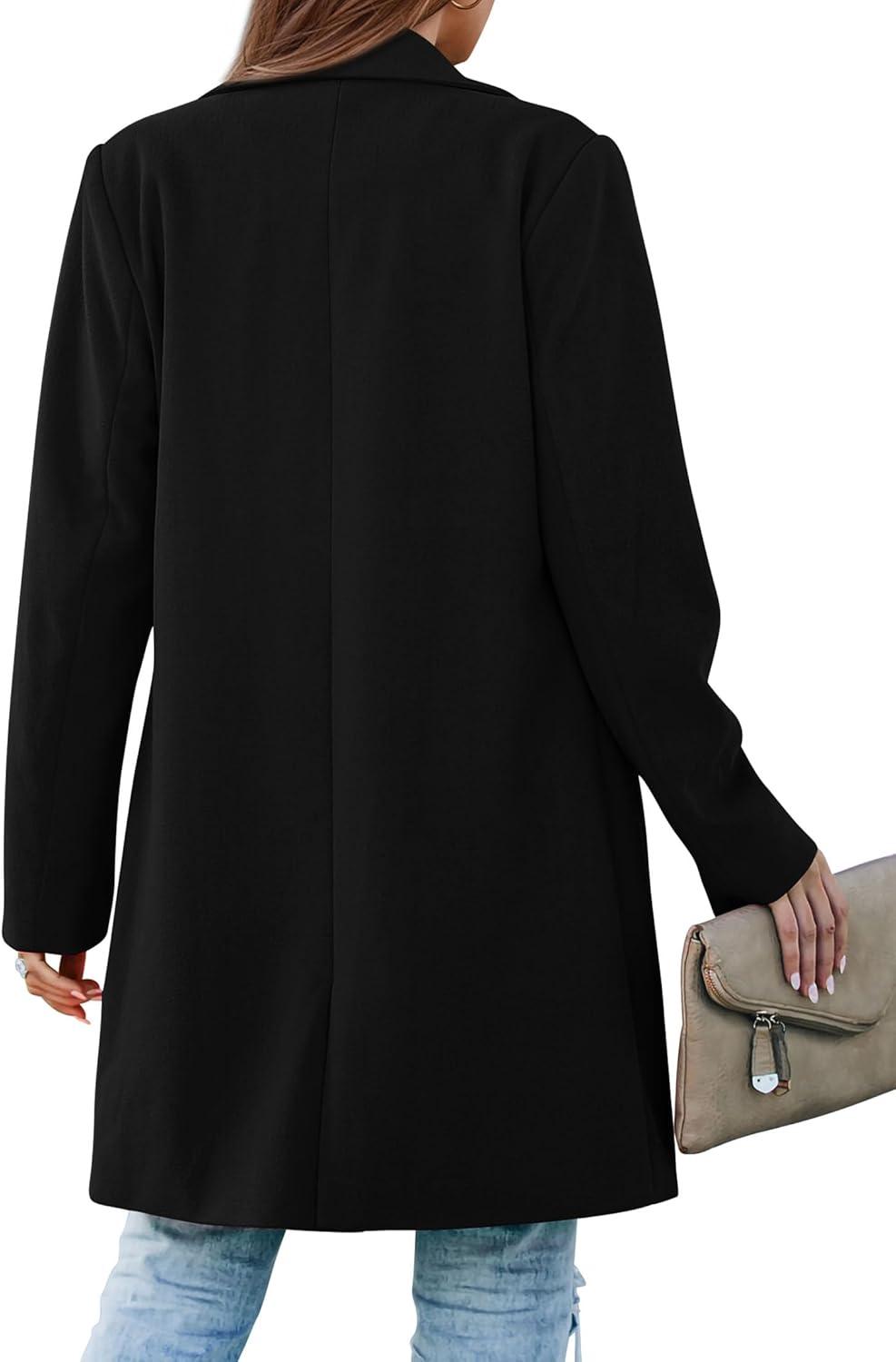 imagePRETTYGARDEN Womens 2025 Spring Fall Long Blazer Jackets Long Sleeve Lapel Pockets Loose Fit Work Casual Blazers OuterwearBlack