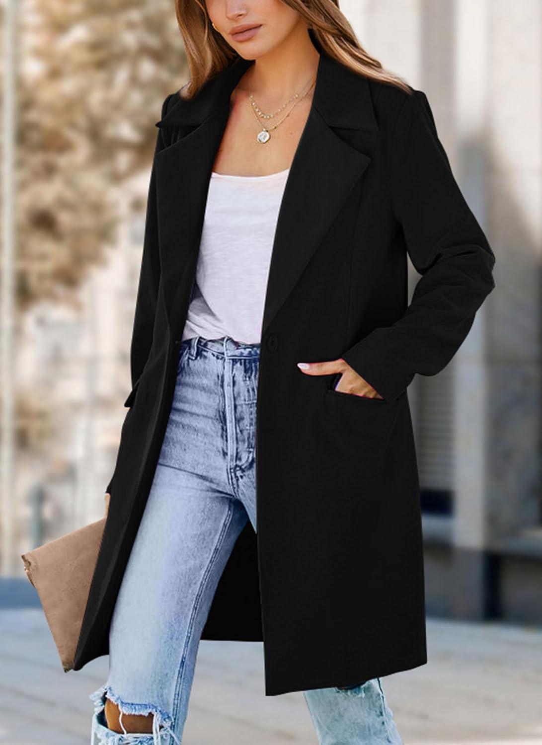 imagePRETTYGARDEN Womens 2025 Spring Fall Long Blazer Jackets Long Sleeve Lapel Pockets Loose Fit Work Casual Blazers OuterwearBlack