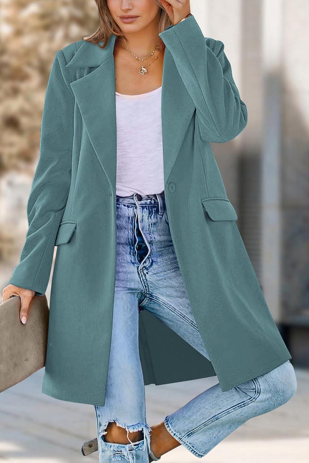 imagePRETTYGARDEN Womens 2025 Spring Fall Long Blazer Jackets Long Sleeve Lapel Pockets Loose Fit Work Casual Blazers OuterwearBlue Green