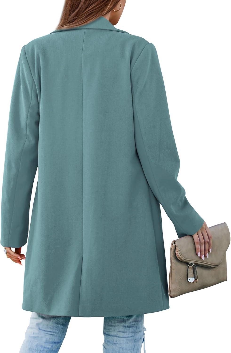 imagePRETTYGARDEN Womens 2025 Spring Fall Long Blazer Jackets Long Sleeve Lapel Pockets Loose Fit Work Casual Blazers OuterwearBlue Green