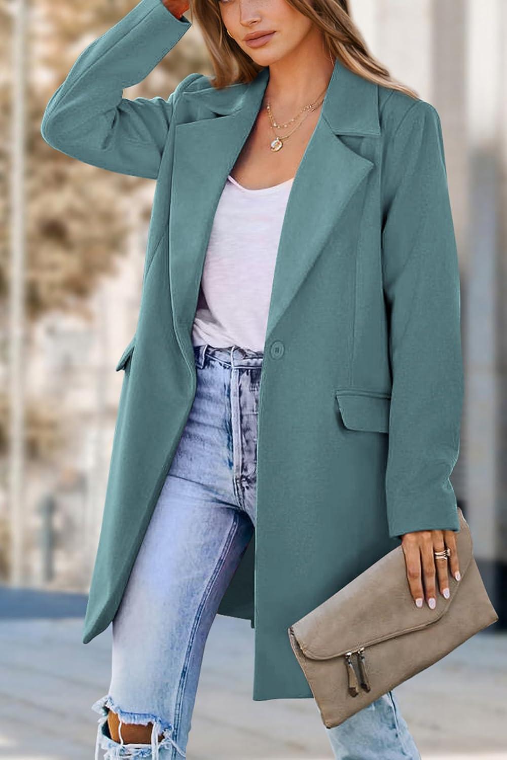 imagePRETTYGARDEN Womens 2025 Spring Fall Long Blazer Jackets Long Sleeve Lapel Pockets Loose Fit Work Casual Blazers OuterwearBlue Green