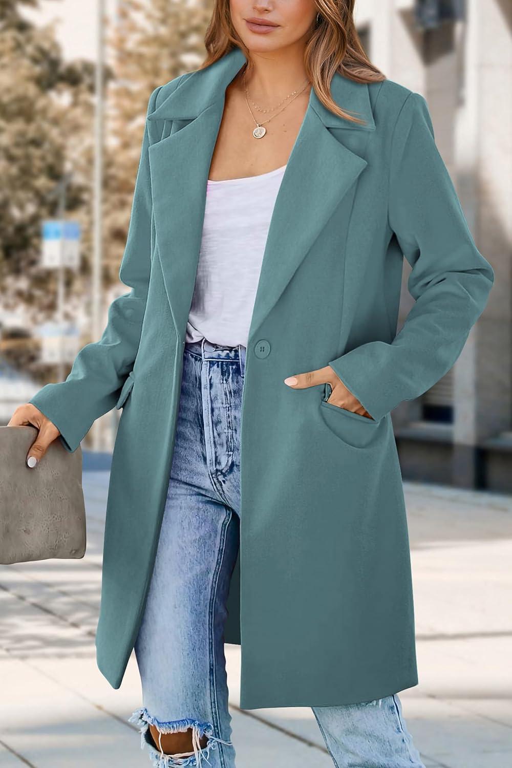 imagePRETTYGARDEN Womens 2025 Spring Fall Long Blazer Jackets Long Sleeve Lapel Pockets Loose Fit Work Casual Blazers OuterwearBlue Green