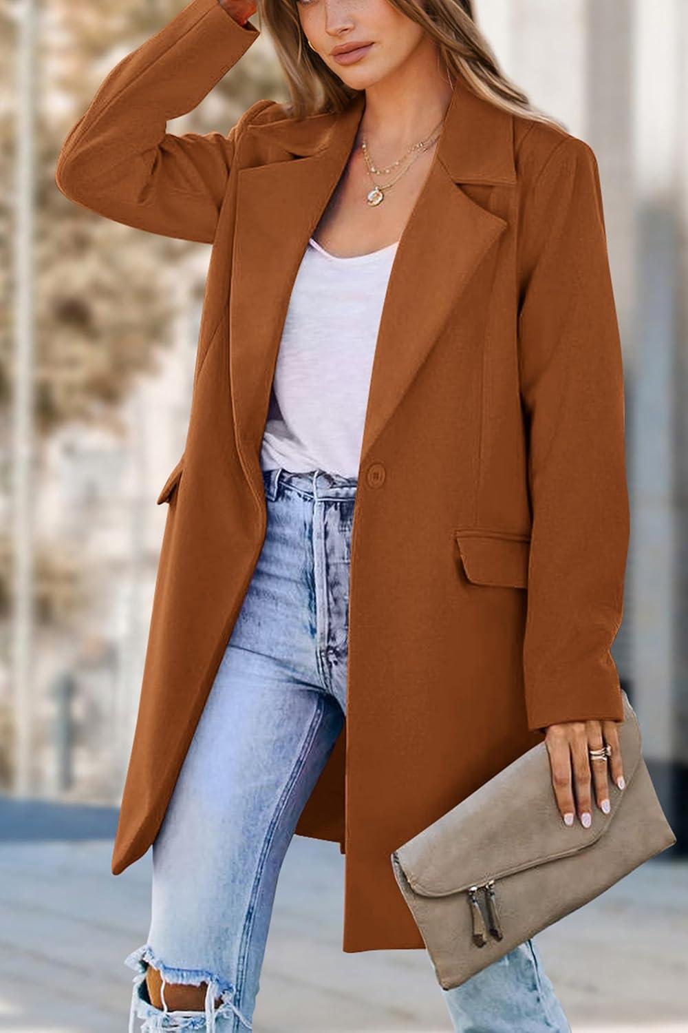 imagePRETTYGARDEN Womens 2025 Spring Fall Long Blazer Jackets Long Sleeve Lapel Pockets Loose Fit Work Casual Blazers OuterwearBrown