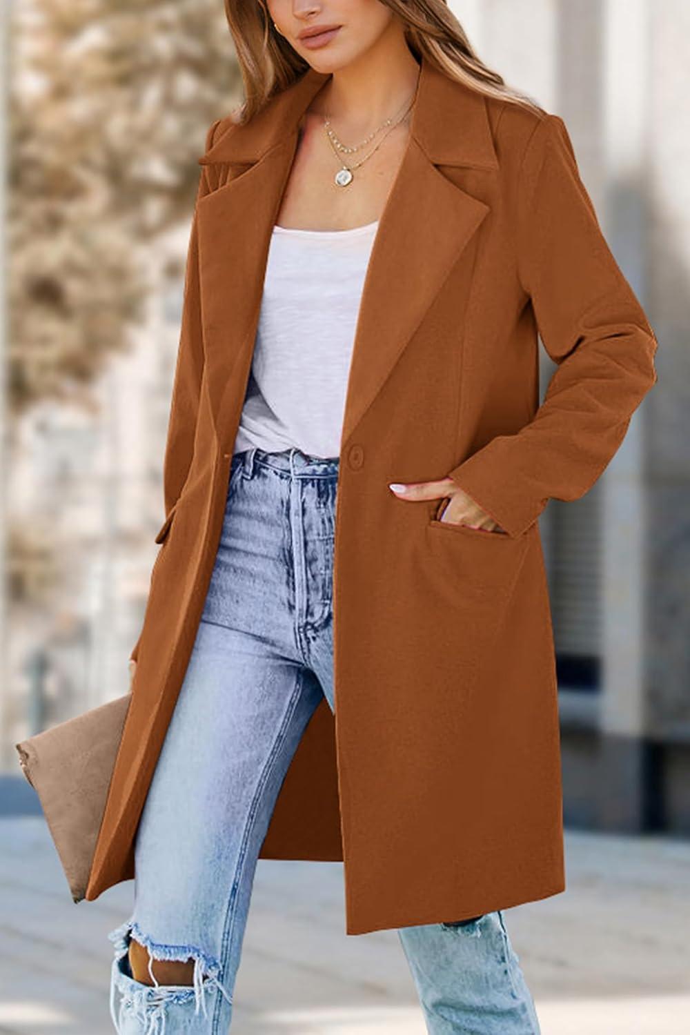 imagePRETTYGARDEN Womens 2025 Spring Fall Long Blazer Jackets Long Sleeve Lapel Pockets Loose Fit Work Casual Blazers OuterwearBrown