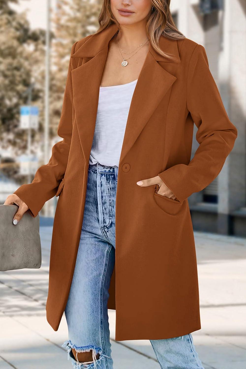 imagePRETTYGARDEN Womens 2025 Spring Fall Long Blazer Jackets Long Sleeve Lapel Pockets Loose Fit Work Casual Blazers OuterwearBrown