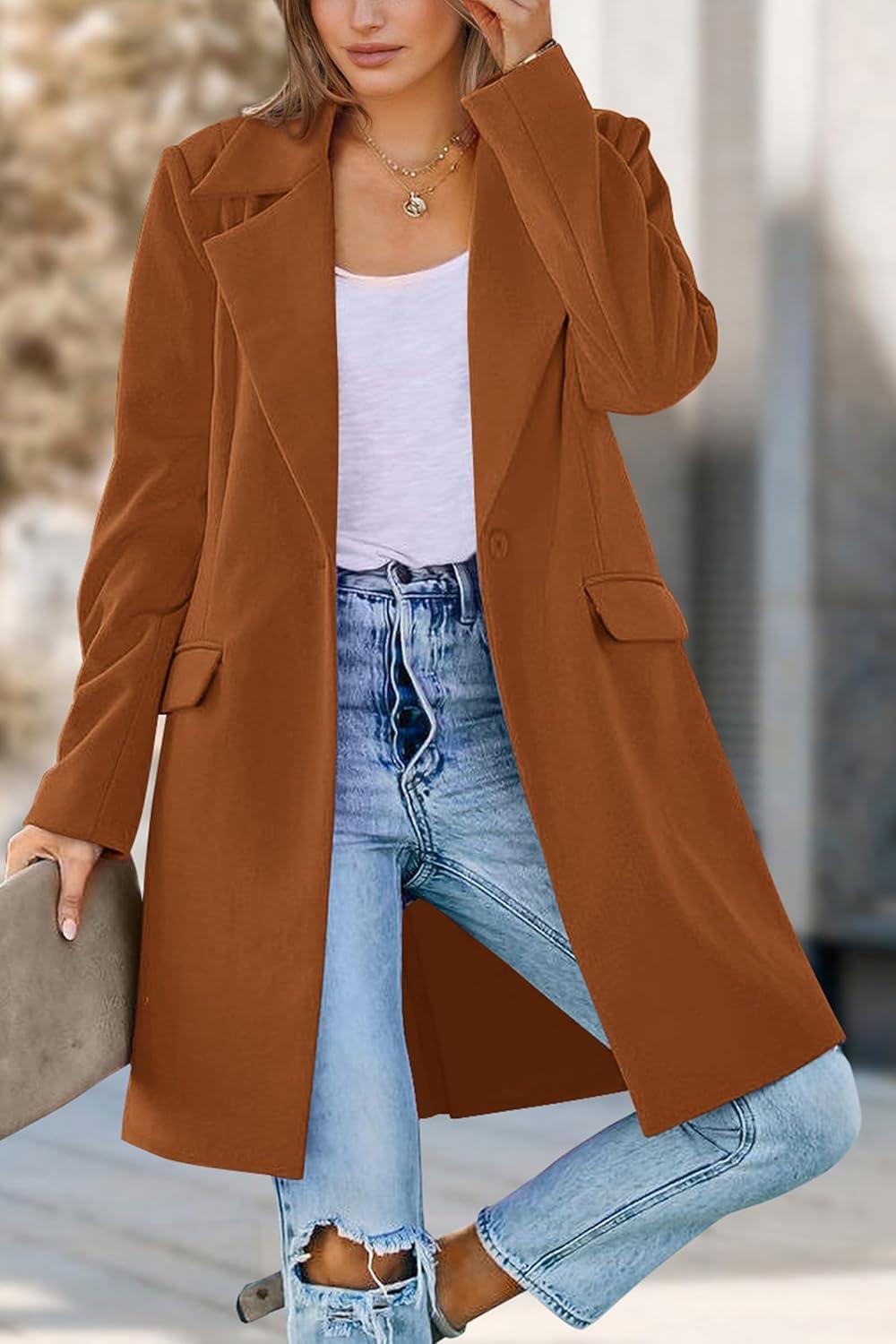 imagePRETTYGARDEN Womens 2025 Spring Fall Long Blazer Jackets Long Sleeve Lapel Pockets Loose Fit Work Casual Blazers OuterwearBrown